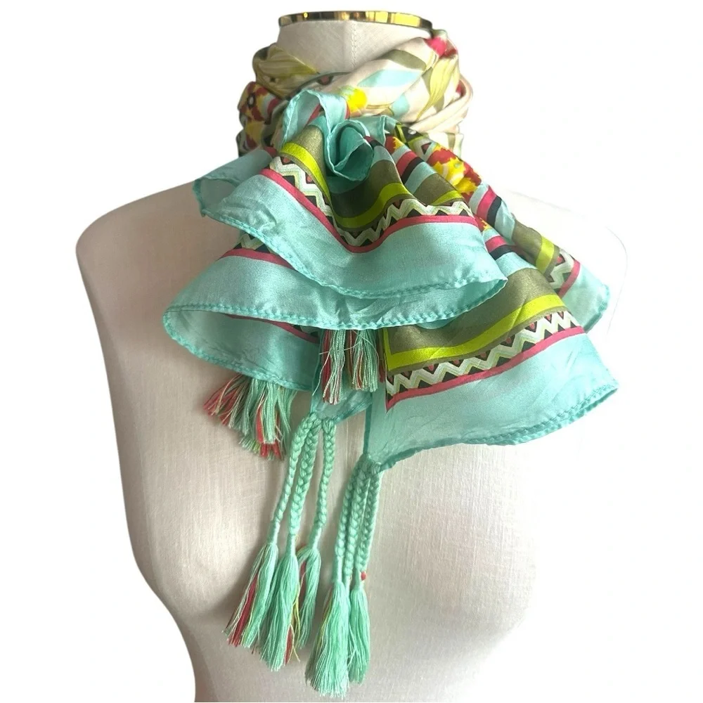 Johnny Was Aqua Multicolor Patterned Silk Scarf with Tassels